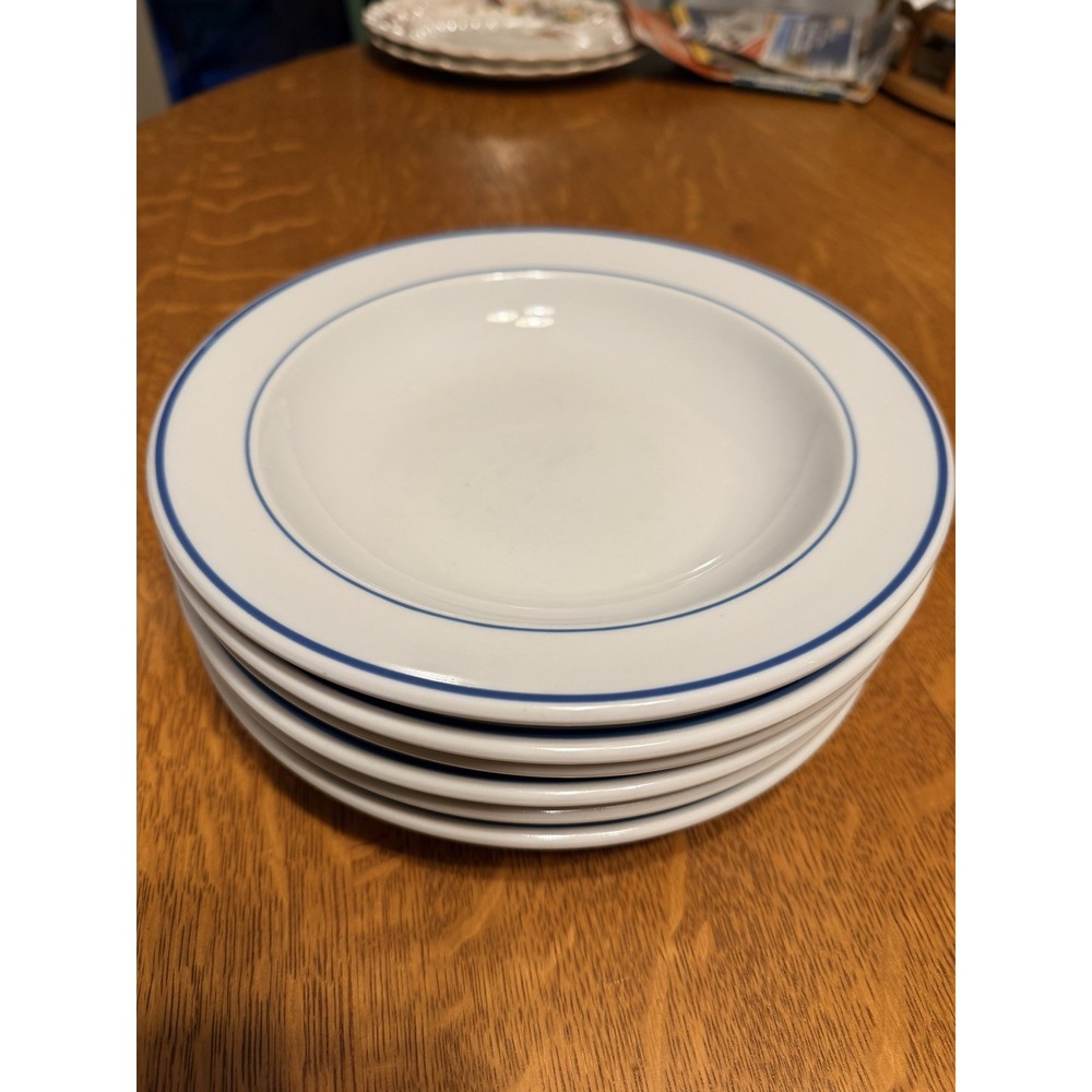 Alfoldi Hungary White Porcelain Double Blue Rimmed Soup Bowls 8.6" Set of 6 EUC